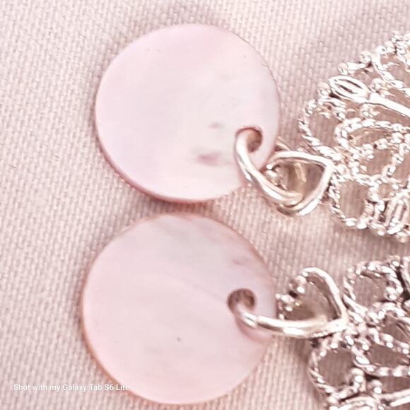 Silver Tone Filagree Dangle Drop Earrings Tiny Pink Stones - Picture 7 of 9